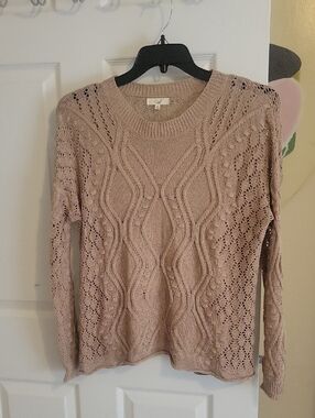 easel SzSm Tan Open-Knit Cable & Lace Crewneck Crochet top